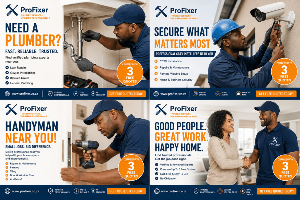 Profixer connects homeowners and businesses with trusted professionals across South Africa. Browse service categories including plumbing, electrical, CCTV installation, solar services, roofing, painting, cleaning, handyman services and more. Get free quotes from experienced local experts near you.