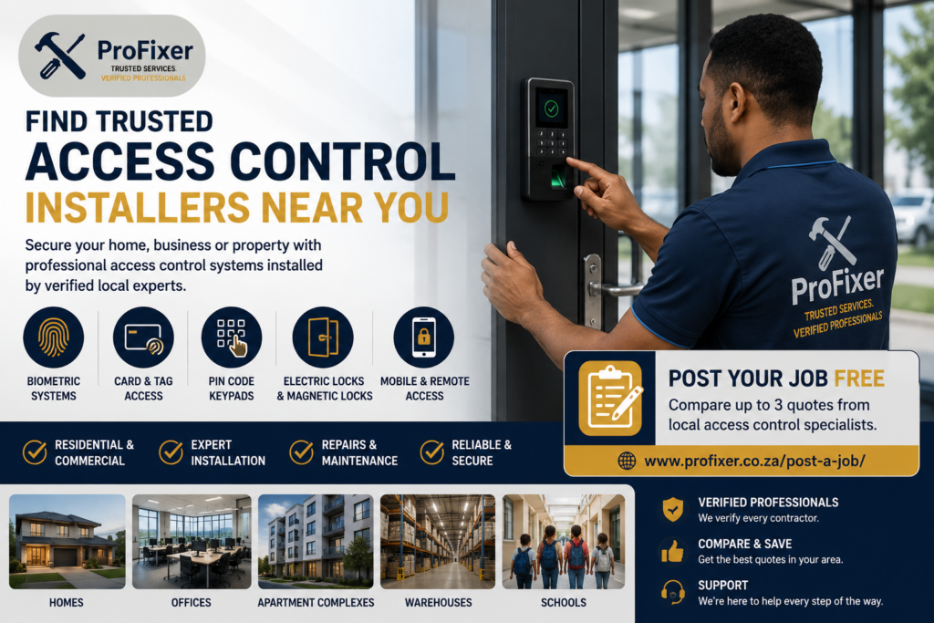 Access control installers fitting a biometric door access system in South Africa