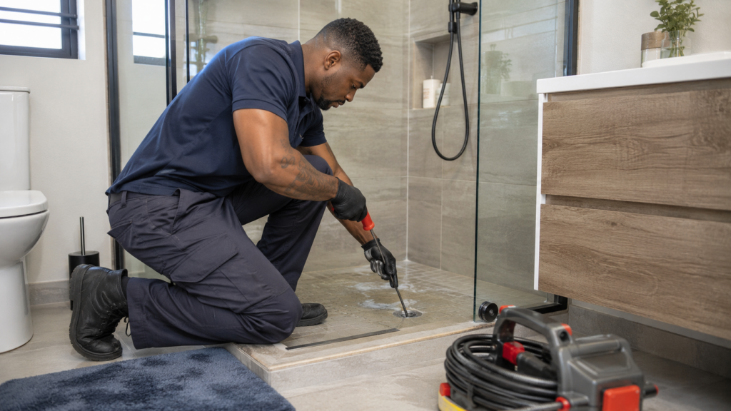 Professional plumber clearing blocked drains with specialist equipment at a South African property