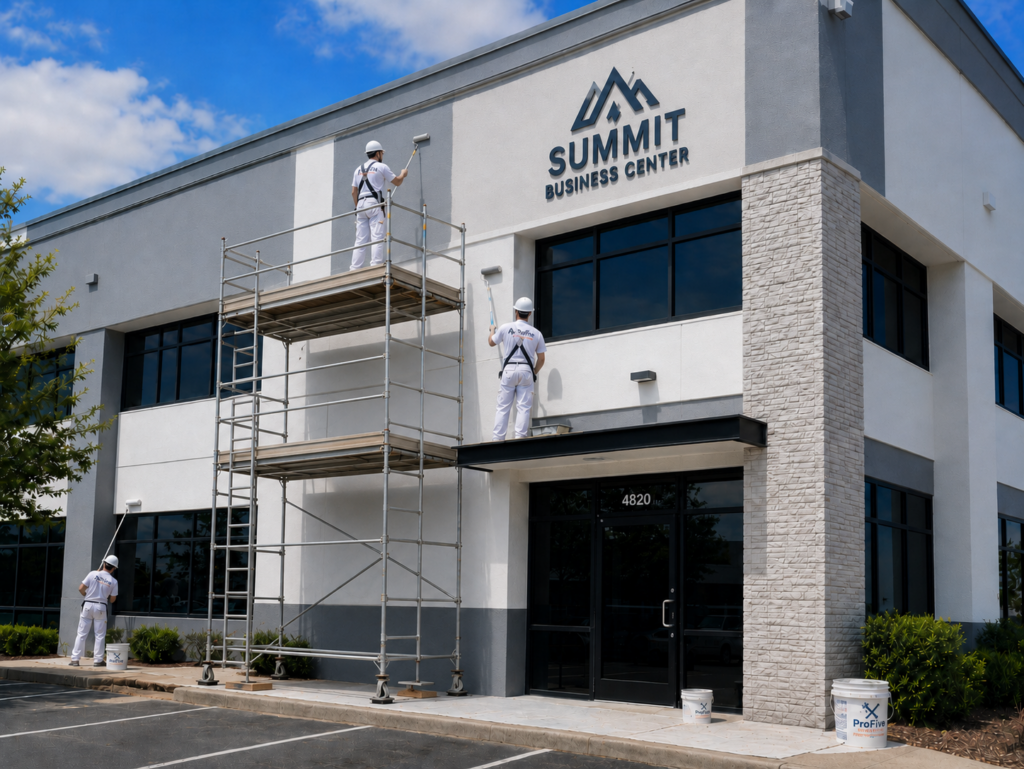 Commercial painting contractors painting a business building using safe scaffolding