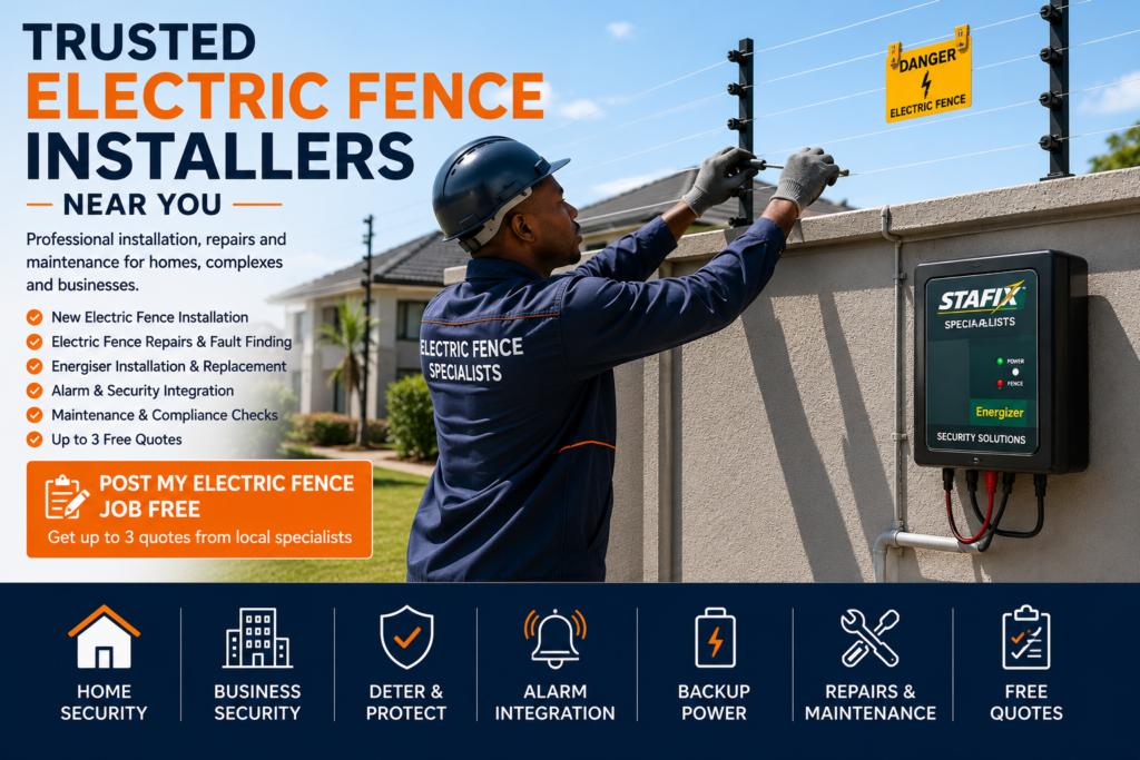 Electric fence installers fitting a perimeter security fence at a South African home
