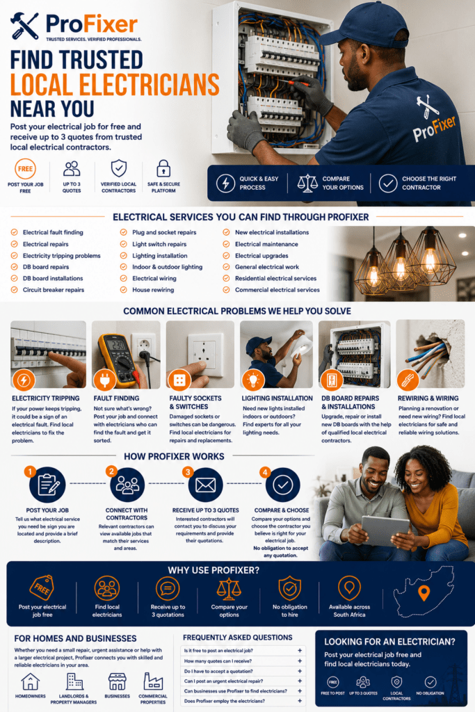 Find local electricians for electrical repairs and installations through Profixer