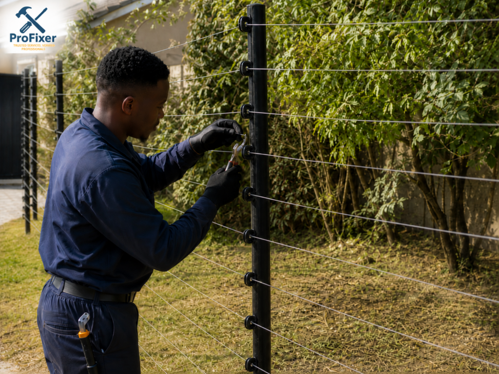 Electric fence technician repairing wires through bobbin insulators on a free-standing fence