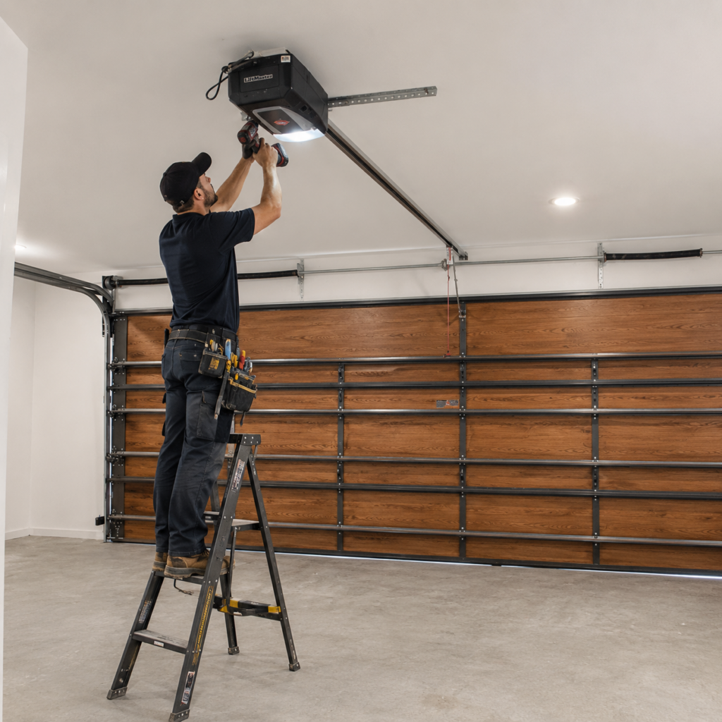 Garage door installers fitting an automatic sectional garage door at a South African home