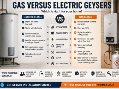 Gas versus electric geysers comparison showing costs, load shedding, hot-water supply and installation considerations Title: Gas Versus Electric Geysers Comparison