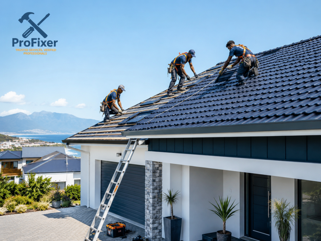 Roofing contractors installing a new tiled roof on a South African home