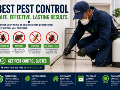 Pest control technician applying treatment along kitchen cabinets for the best pest control results