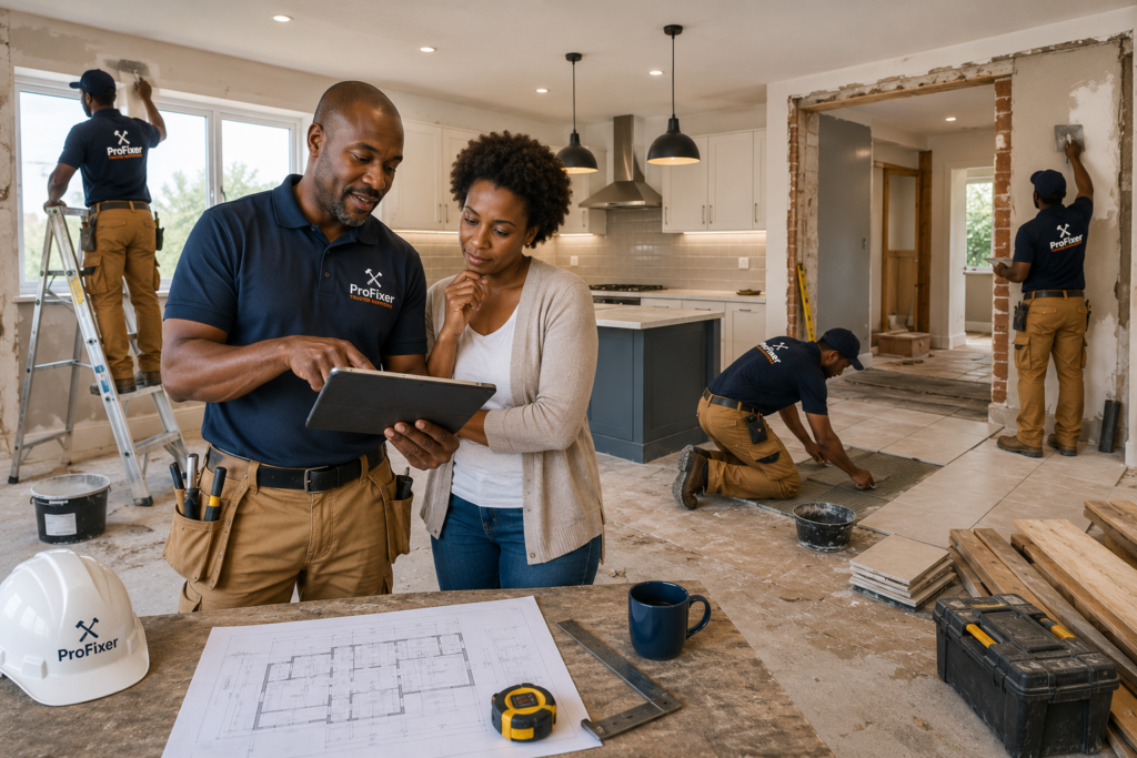 Renovation contractor reviewing a full home renovation project with a South African homeowner