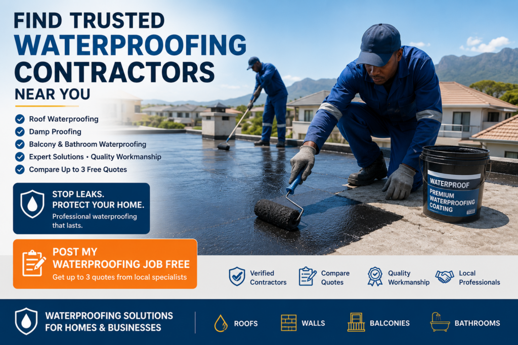 Waterproofing contractors applying roof waterproofing at a South African home