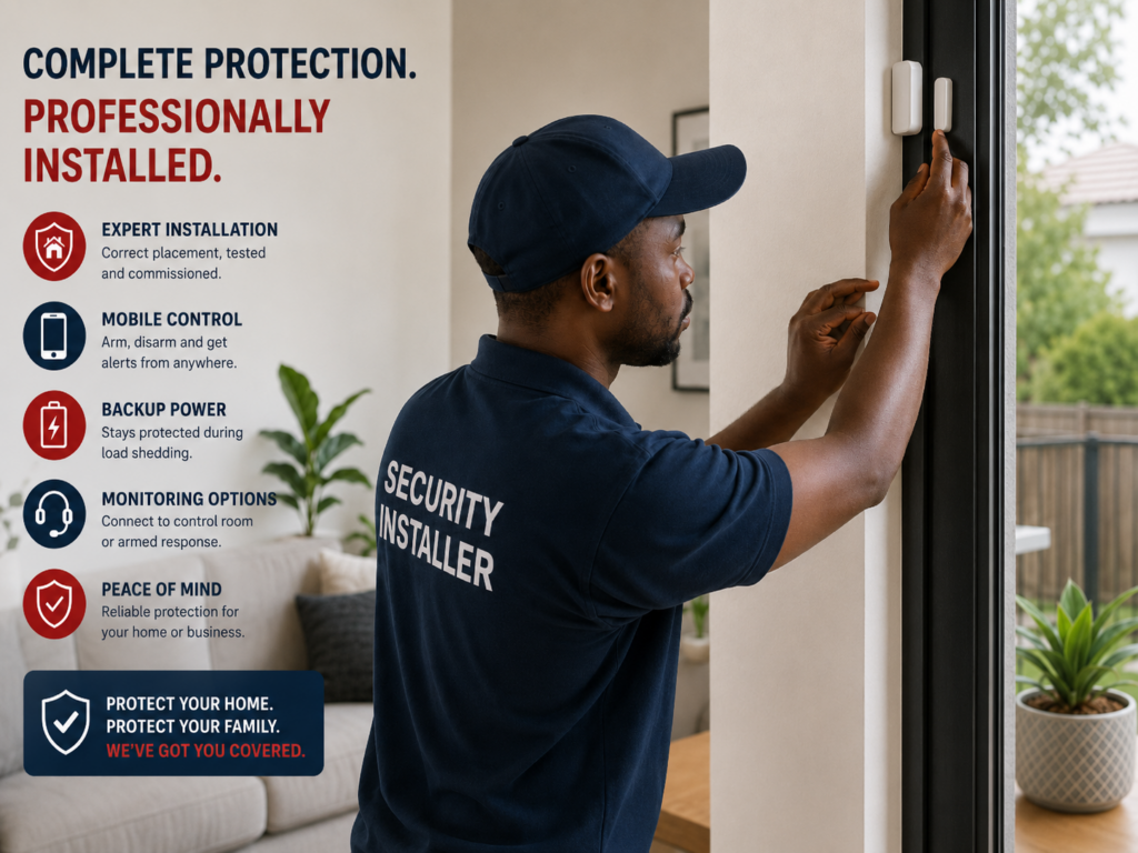 Alarm system installer fitting an outdoor security beam at a South African home