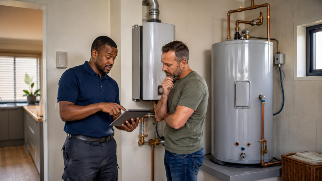 Gas versus electric geysers comparison showing costs, load shedding, hot-water supply and