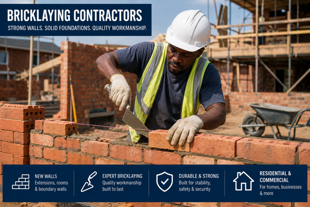 Professional bricklaying contractor building a new brick wall on a residential construction site