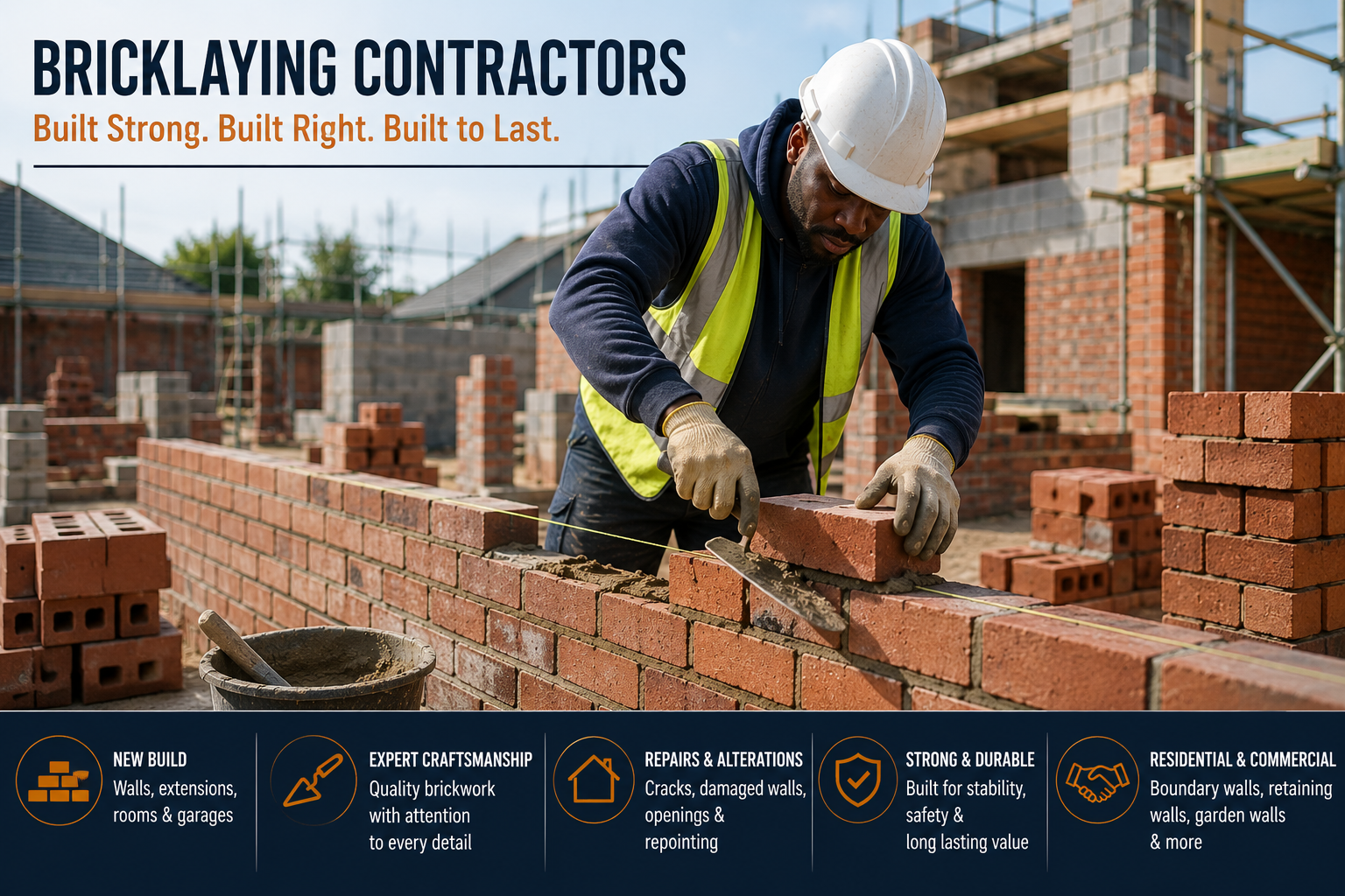 Bricklaying contractor building and aligning a new brick wall on a construction site