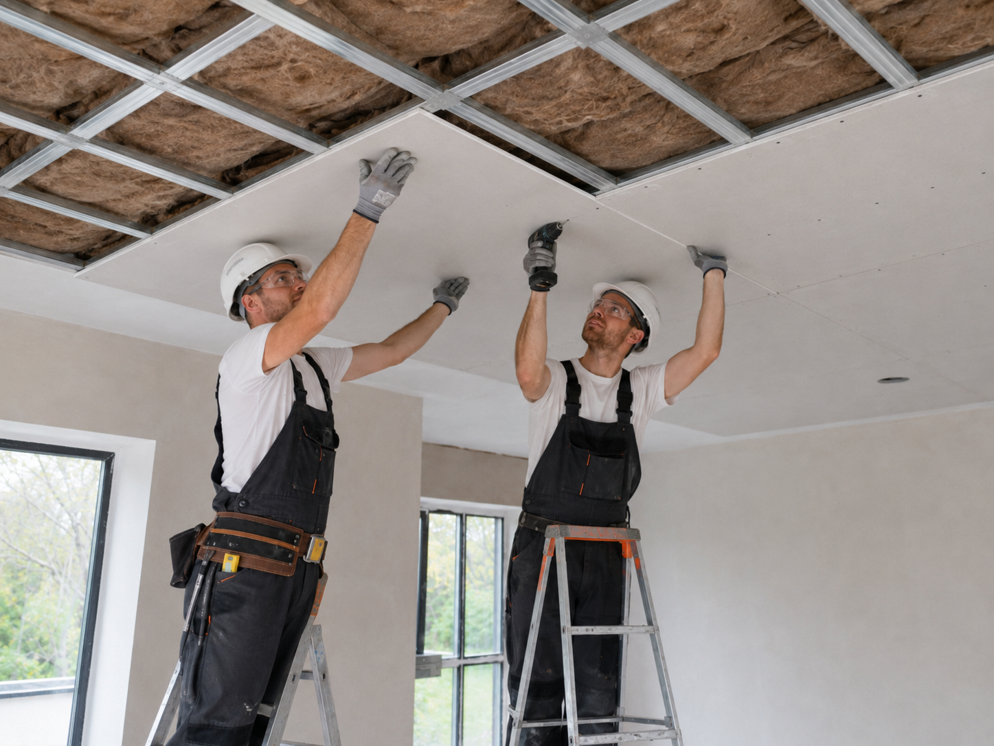 Two ceiling contractors installing ceiling boards onto an exposed ceiling framework