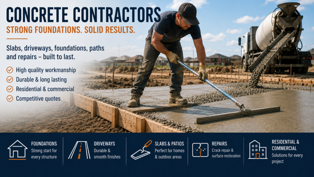 Professional concrete contractor levelling freshly poured concrete for a slab on a construction site