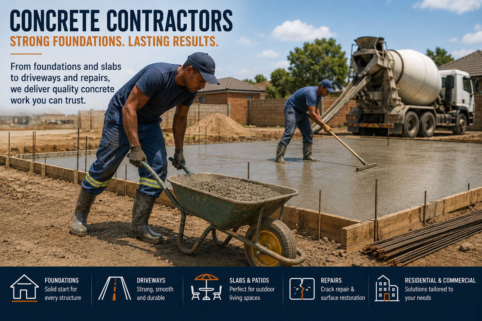 Concrete contractors pouring and levelling a new concrete slab with a wheelbarrow beside the work area