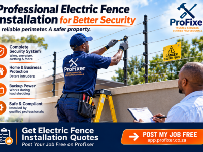 Professional electric fence installation contractor fitting security wires above a boundary wall in South Africa
