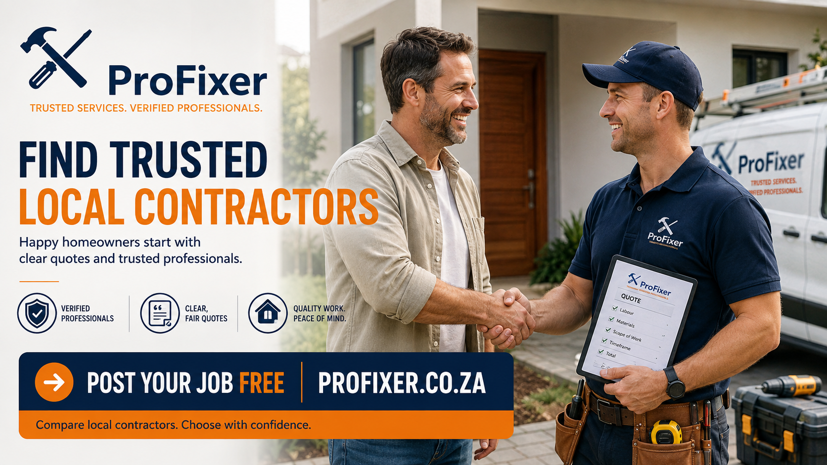 Homeowner reviewing a repair estimate with a local contractor while comparing costs, scope and value before approving the work
