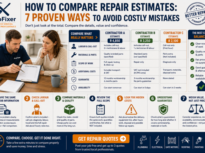 How to compare repair estimates infographic showing labour, materials, scope, hidden costs, guarantees and contractor availability