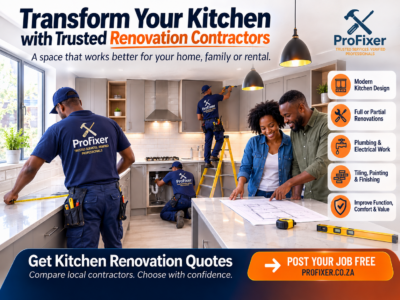 Kitchen renovation contractors installing cabinets and reviewing plans with homeowners in a modern kitchen