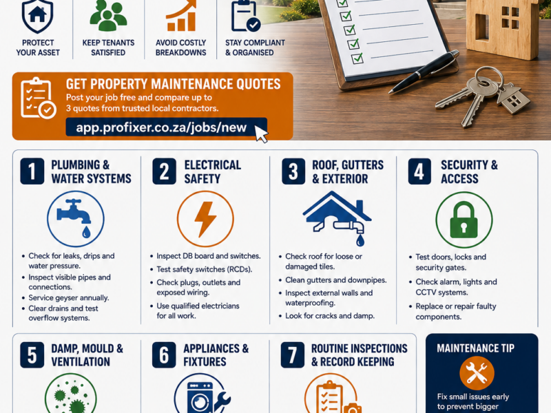 Landlord maintenance guide showing 7 essential property checks for plumbing, electrical safety, roofing, security, damp and routine inspections