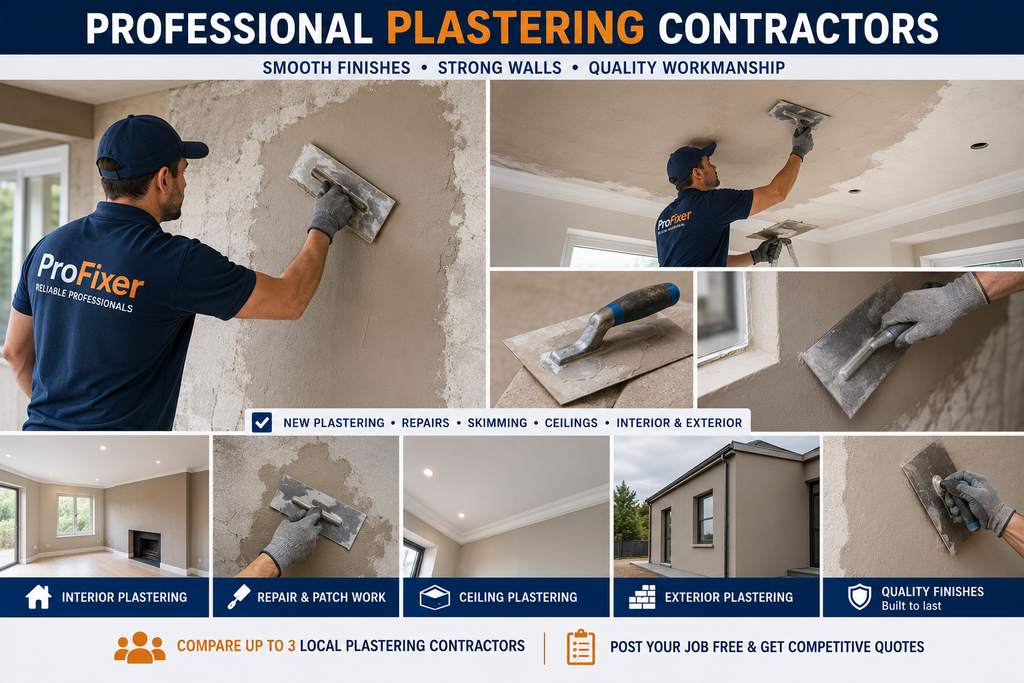 Professional plastering contractors working on interior walls ceilings repairs and exterior plastering