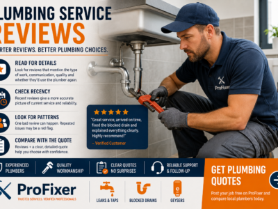 Plumbing service reviews banner showing a professional plumber repairing a sink and tips for choosing a reliable plumber