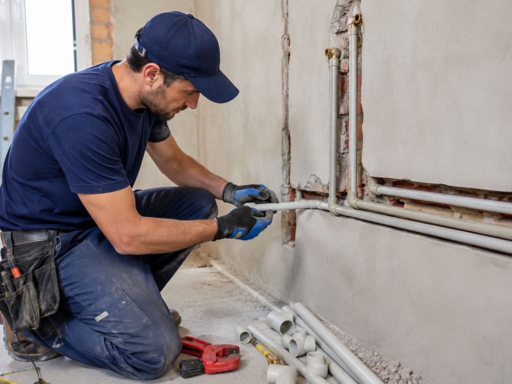 Plumbing service reviews banner showing a professional plumber repairing a sink and tips for choosing a reliable plumber