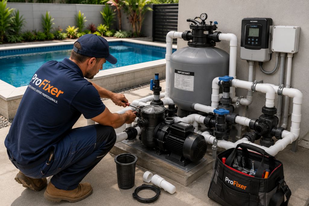 Pool contractor servicing pump filter and plumbing equipment at a residential swimming pool
