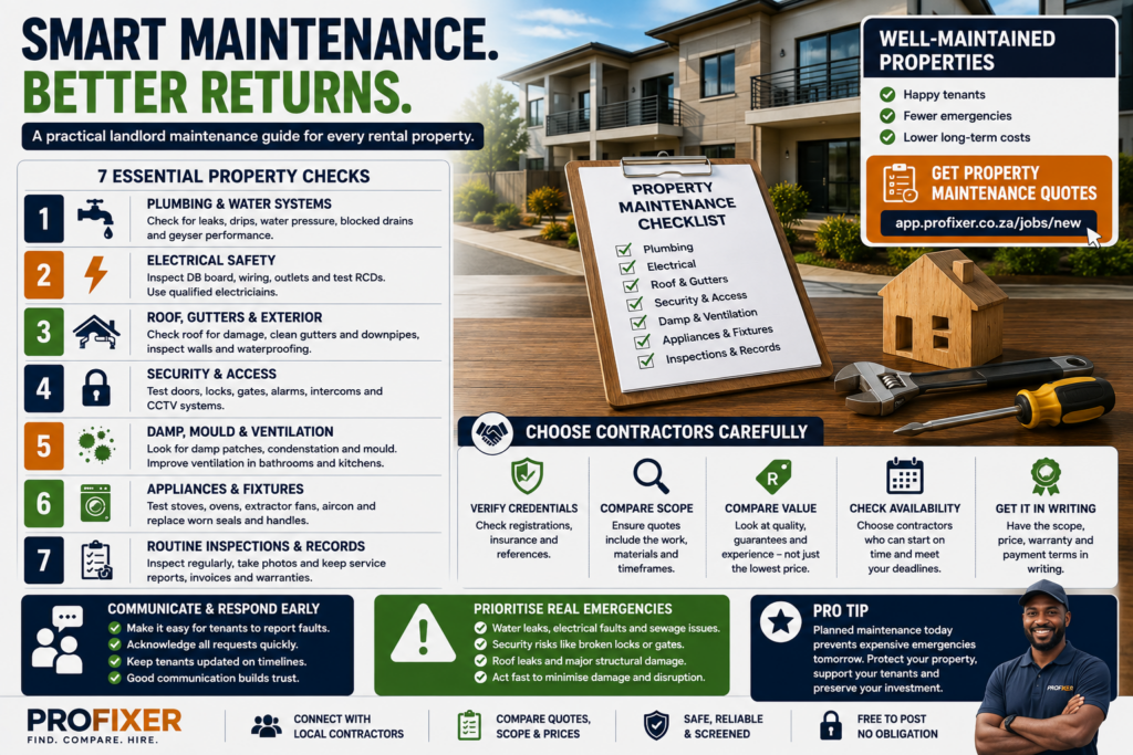 Landlord maintenance guide showing essential property checks, contractor selection, tenant communication and emergency repairs