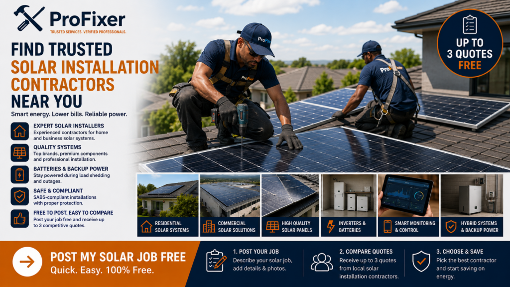 Solar installation contractors fitting solar panels on a modern South African home