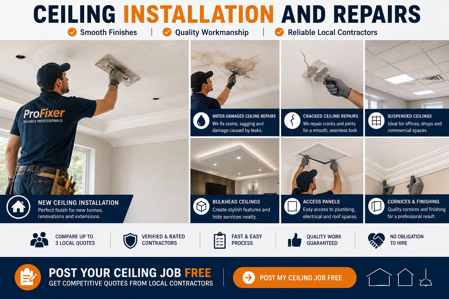 Professional ceiling installation and repairs including new ceilings, water-damaged ceiling repairs, cracked ceilings, suspended ceilings, bulkheads, access panels and cornices