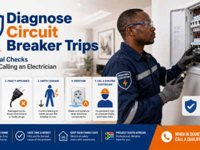 Diagnose circuit breaker trips infographic showing overloads, faulty appliances, earth leakage, moisture risks and a qualified electrician