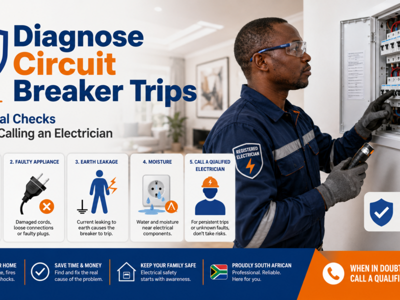 Diagnose circuit breaker trips infographic showing overloads, faulty appliances, earth leakage, moisture risks and a qualified electrician