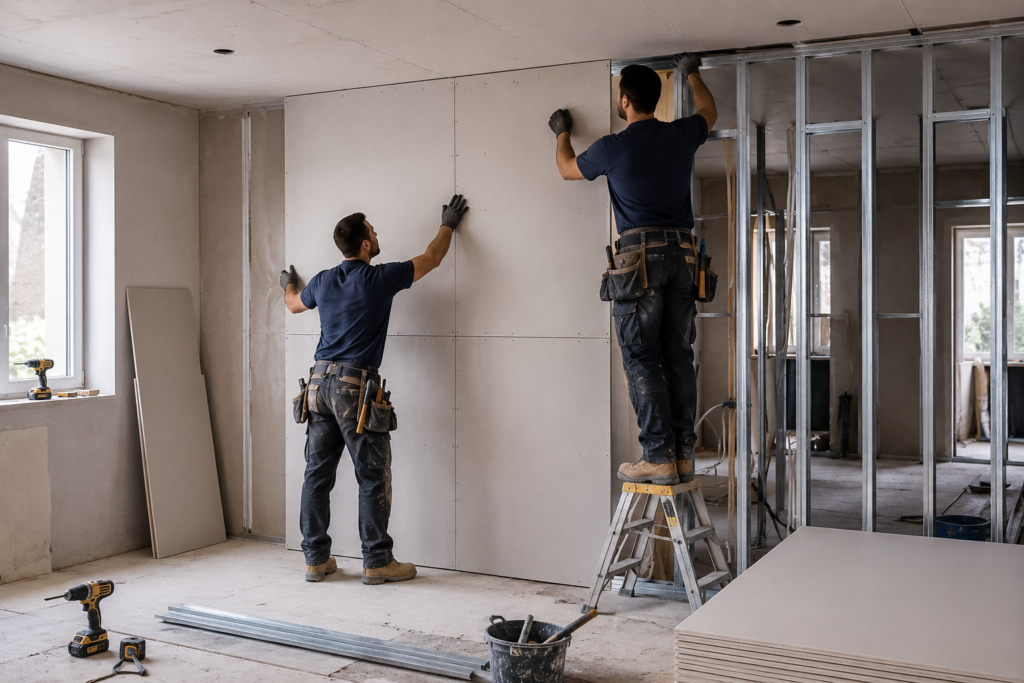 Two drywall contractors installing plasterboard onto metal stud framing inside a residential renovation