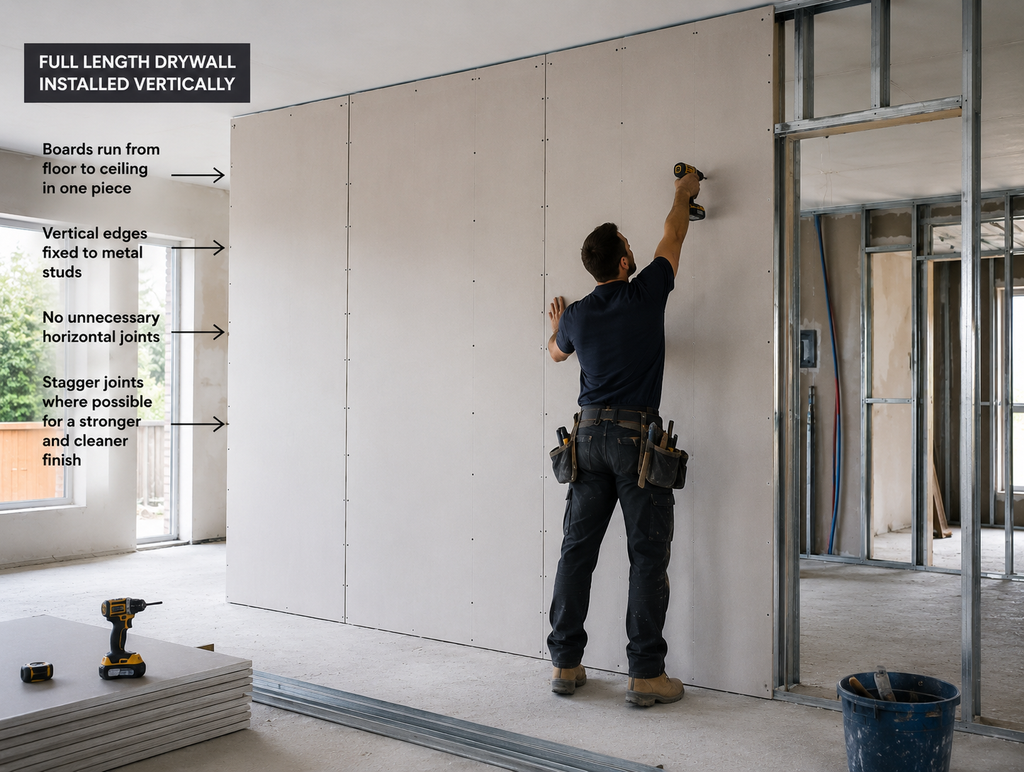 Drywall contractor installing full-height drywall boards vertically onto metal stud framing
