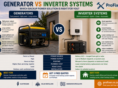 Generator versus inverter systems comparison showing power output, runtime, noise, maintenance and backup power options