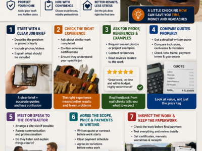 How to vet local tradespeople infographic showing a property owner comparing quotes, checking experience and choosing a trusted contractor.