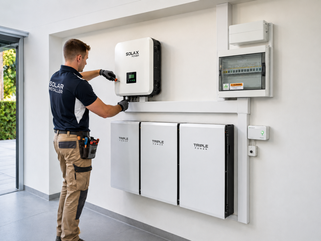 Solar installer mounting wall mounted inverter and battery backup system