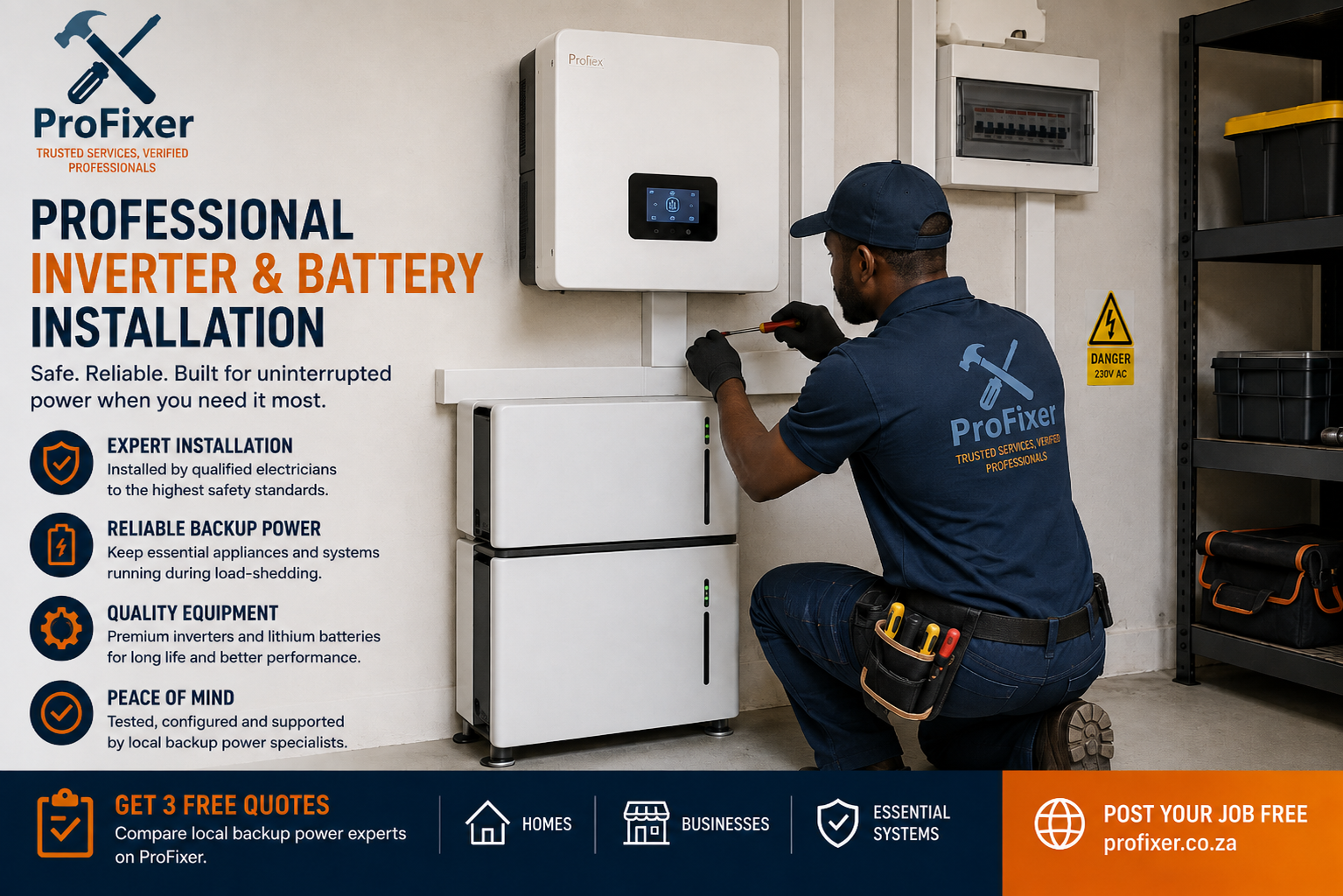 Professional solar installer fitting an indoor inverter and battery system for prepaid electricity versus solar power