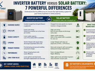 Inverter battery versus solar battery infographic comparing charging source, cycle life, usable capacity, lifespan and long-term value
