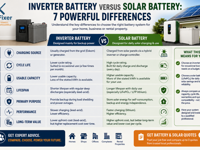 Inverter battery versus solar battery infographic comparing charging source, cycle life, usable capacity, lifespan and long-term value