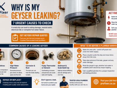 Why is my geyser leaking infographic showing common causes, urgent safety steps and geyser repair advice