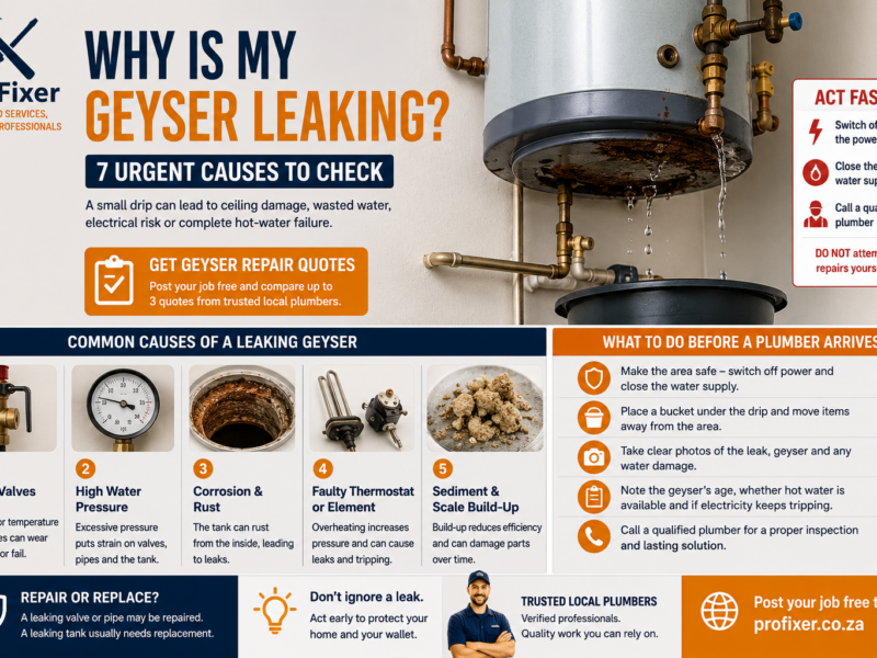 Why is my geyser leaking infographic showing common causes, urgent safety steps and geyser repair advice
