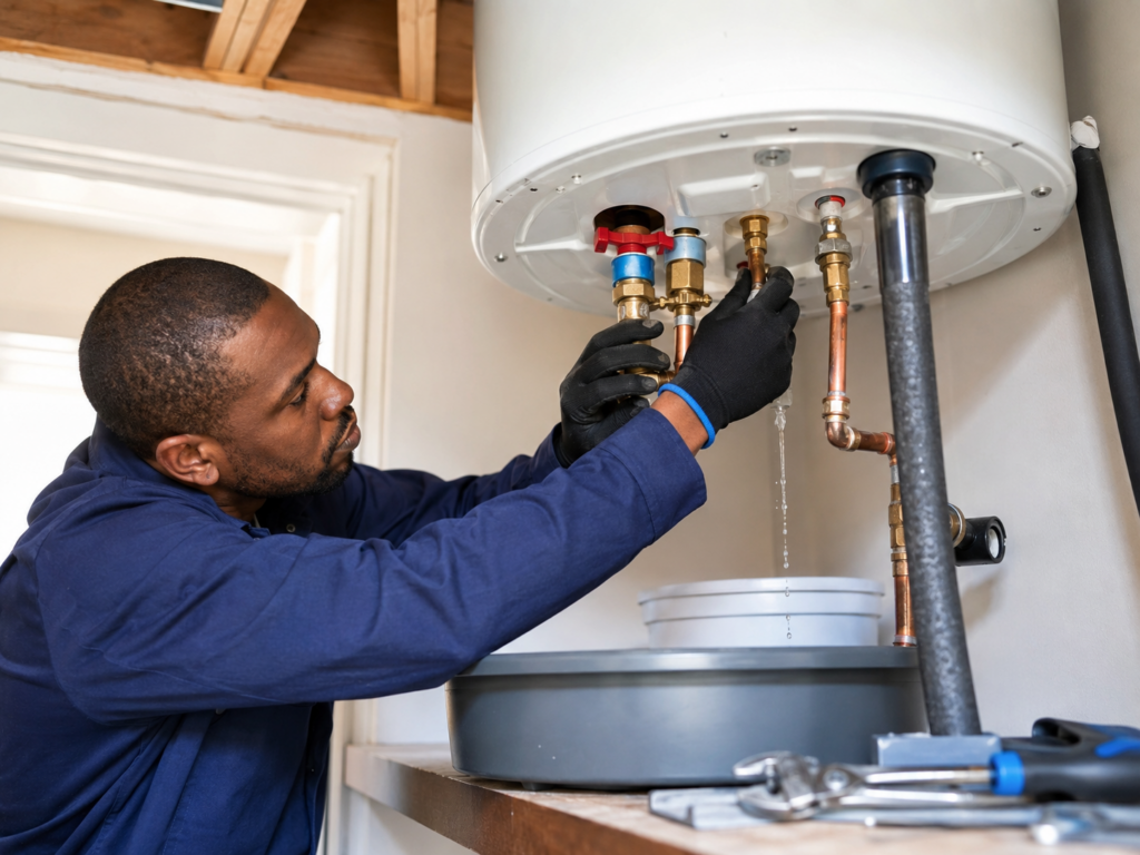 Plumber repairing a leaking geyser connection after identifying why the geyser is leaking