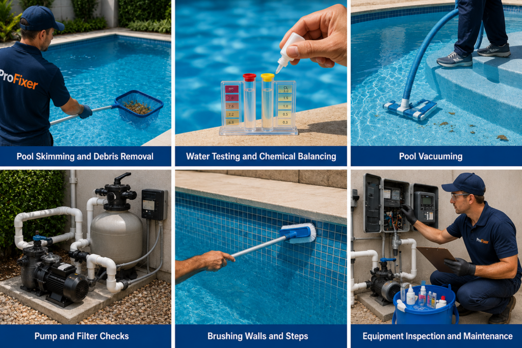 Pool maintenance collage showing skimming debris, water testing, pool vacuuming, pump and filter checks, brushing pool walls and equipment inspection