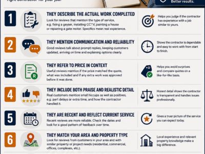 Contractor reviews infographic showing 7 proven signs to help homeowners choose reliable local contractors