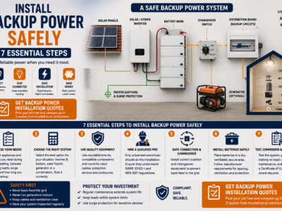 Install backup power safely with inverter, batteries, solar panels, changeover switch and protected backup circuits