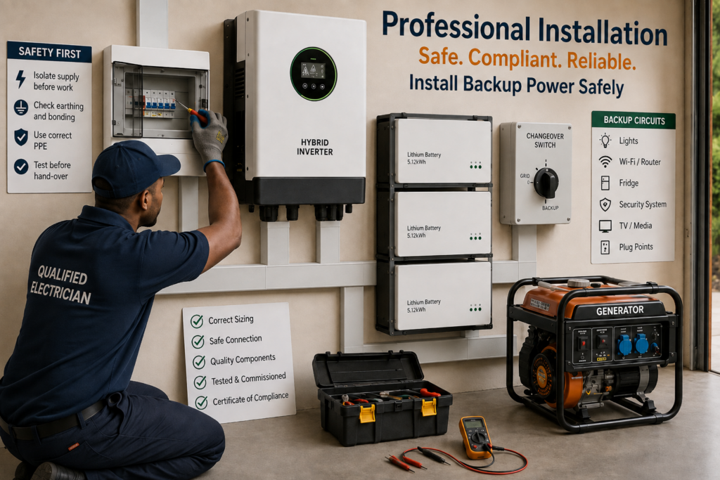 Qualified electrician installing backup power safely with inverter, lithium batteries, changeover switch and cables protected in trunking