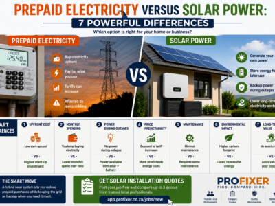 Prepaid electricity versus solar power infographic comparing cost, outages, maintenance and long-term value
